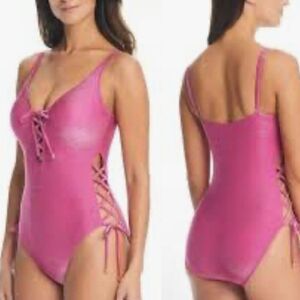 NWT Bar III Shimmer Lace-Up One-Piece Swimsuit, in shimmer pink Size M